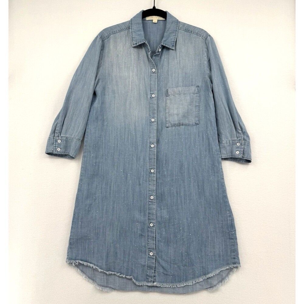 Cloth & Stone Shirt Dress S Blue Chambray Speckled Frayed Hem Coastal Boho Chic